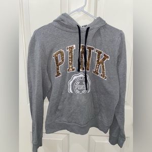 VS PINK gray pullover hoodie with rose gold sequin logo